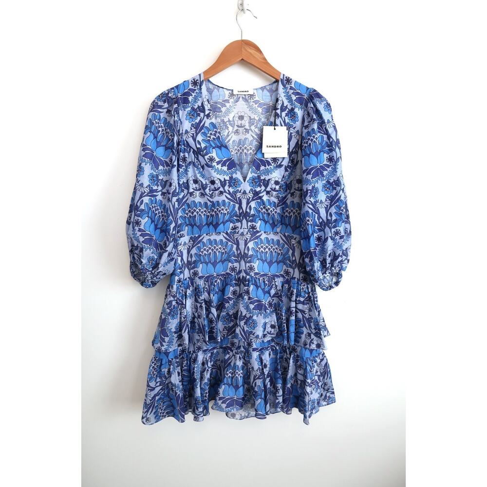 SANDRO PARIS Linen Blend Floral Tiered Mini Dress Net-A-Porter 38 6 M $520 - Picture 3 of 14